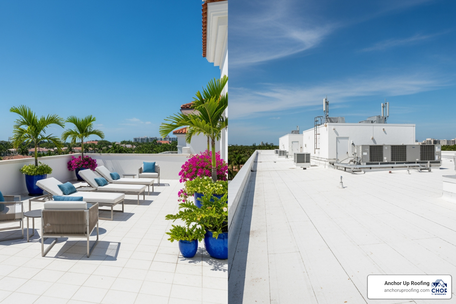 IMAGE of a residential terrace in Coral Gables and a commercial rooftop in Miramar featuring white cool-roof tiles