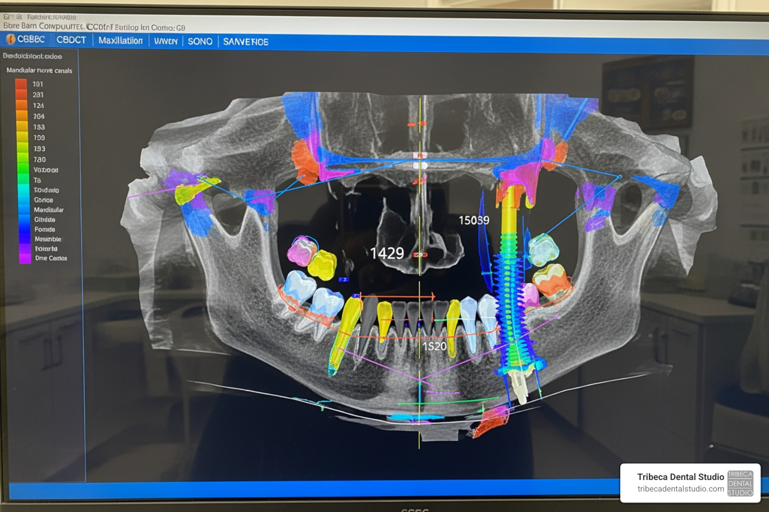CBCT scan image showing 3D implant planning and bone density assessment