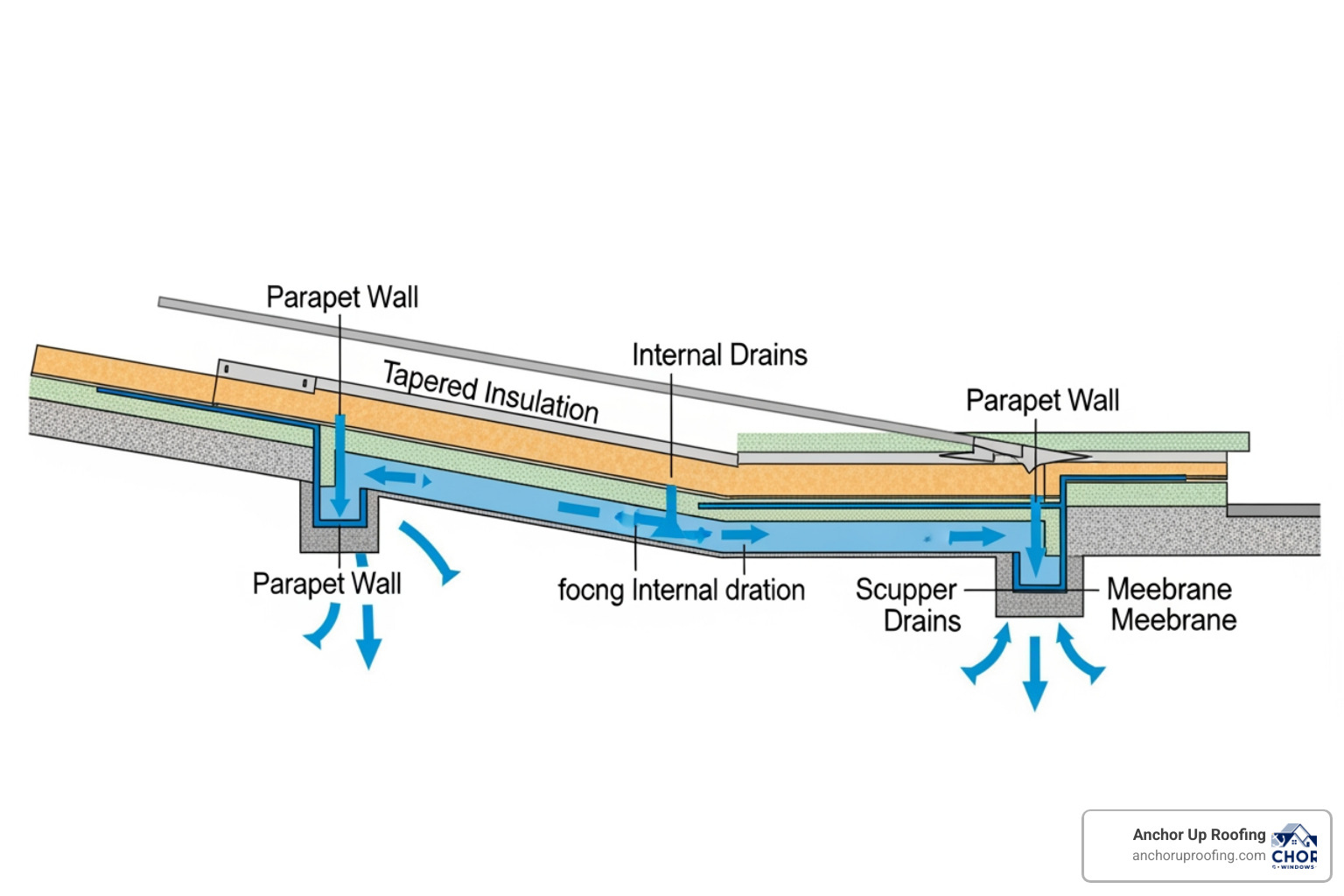 Diagram showing flat roof drainage layout with tapered insulation and scuppers