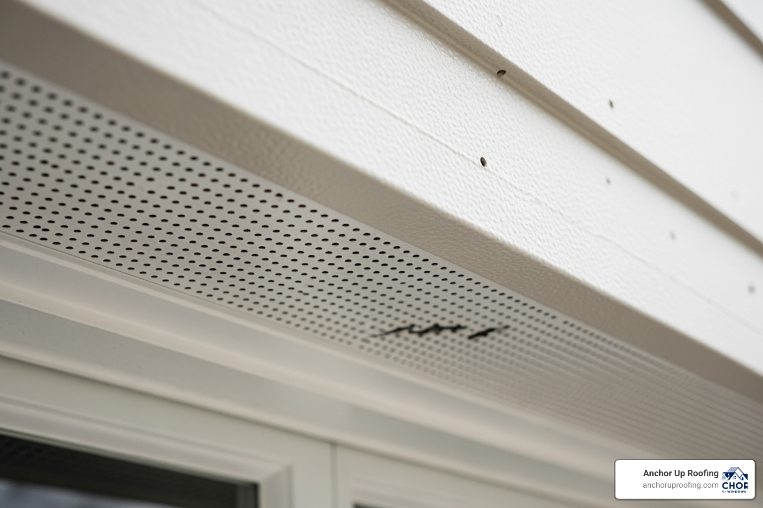 A close-up of a vented soffit panel showing tiny perforations for airflow