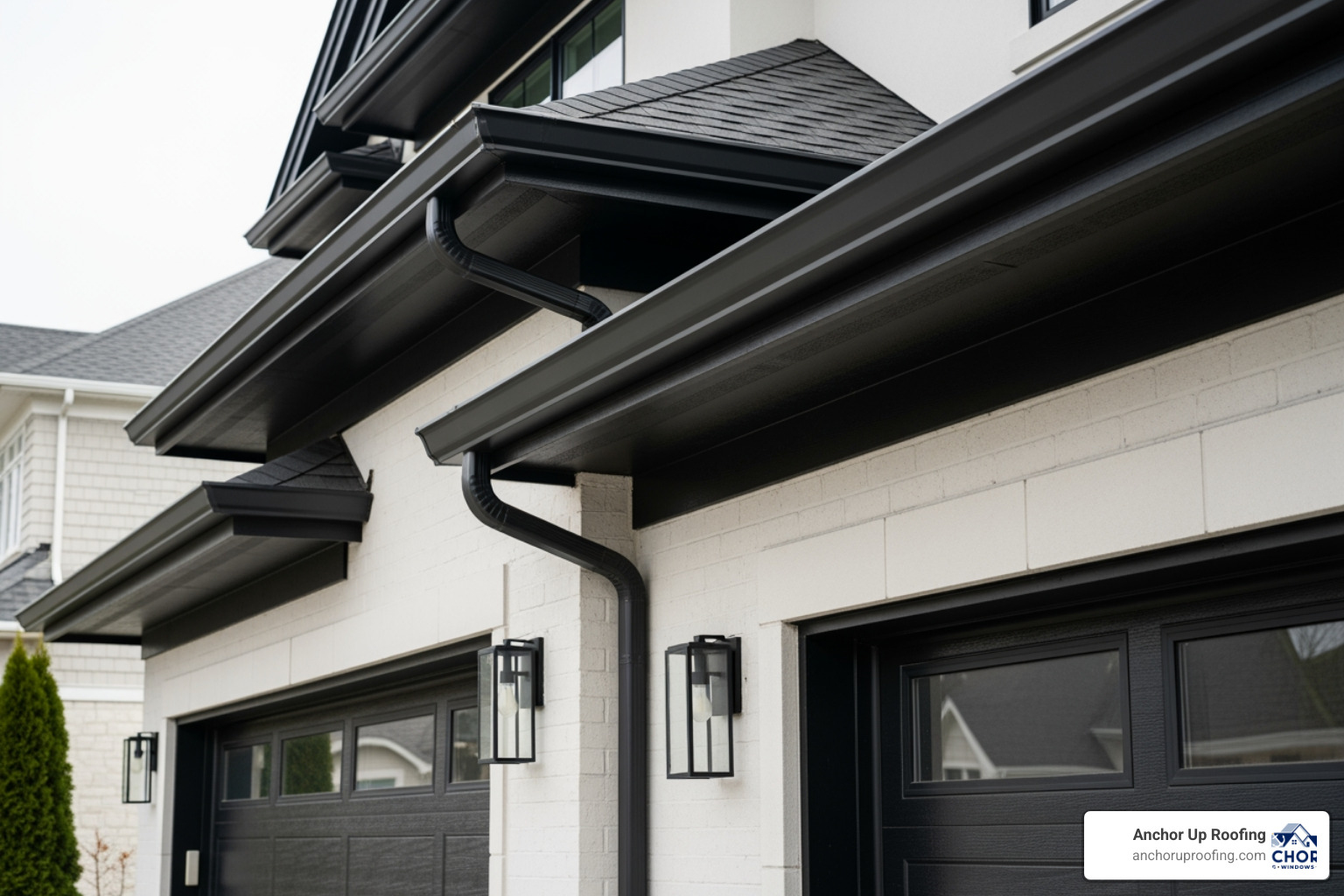 Modern garage exterior with matched black aluminum soffit and fascia and integrated gutters