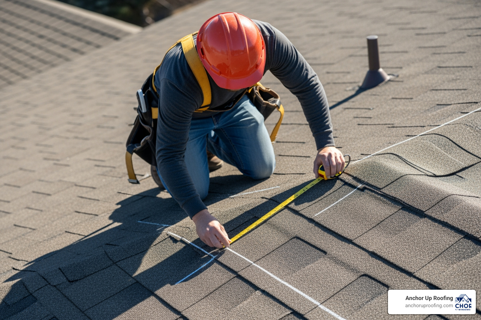 Technician mapping a leak on a flat roof using chalk and measuring tape