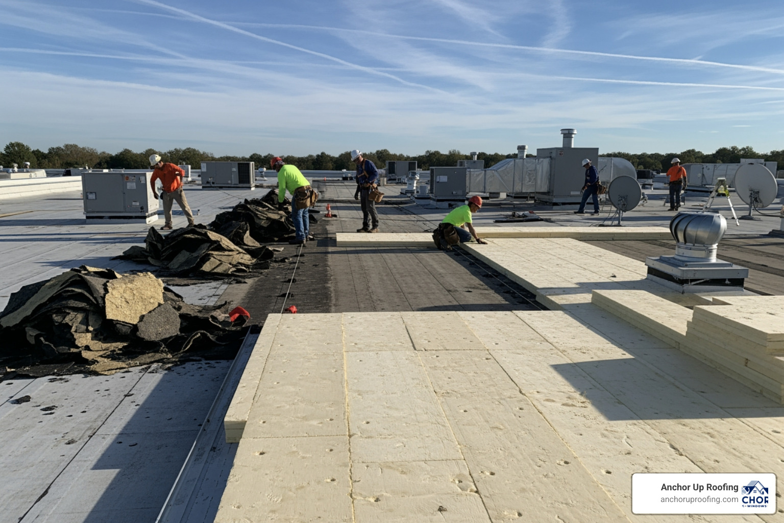Commercial reroofing project showing the removal of old layers and installation of new insulation