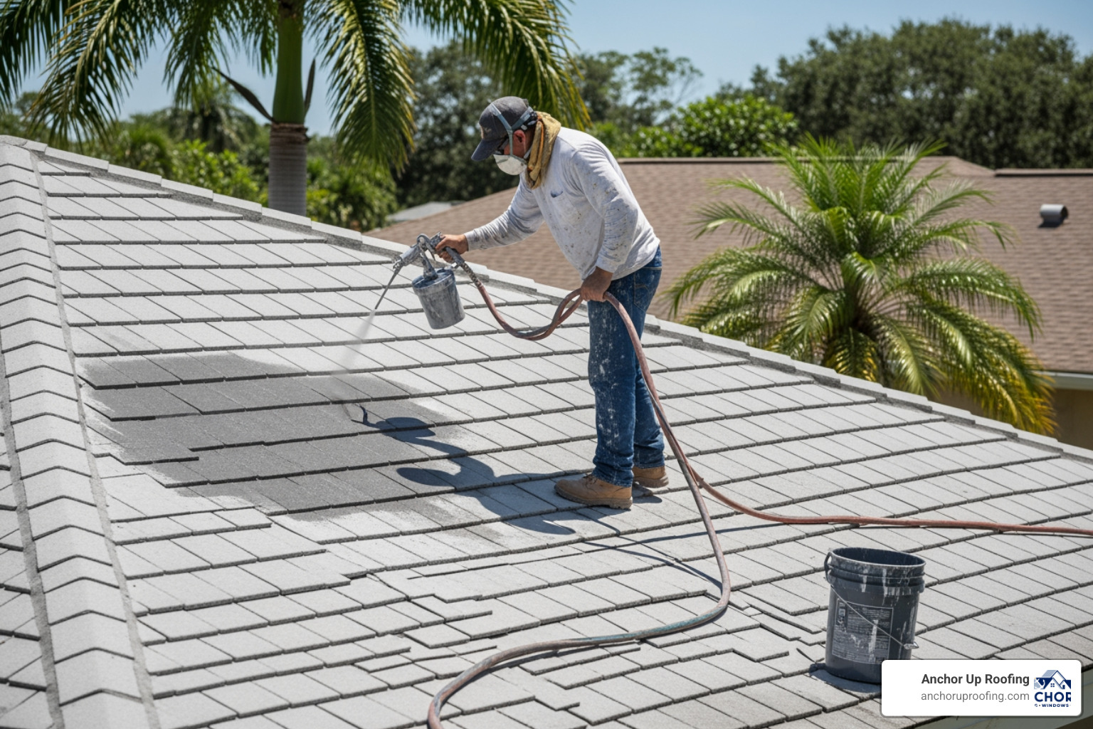 professional airless paint sprayer being used on a roof
