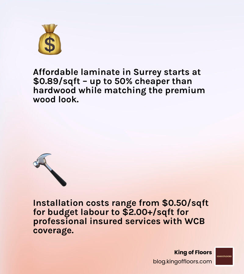 Infographic showing affordable laminate Surrey cost breakdown: materials, labour, and underlayment per sqft infographic