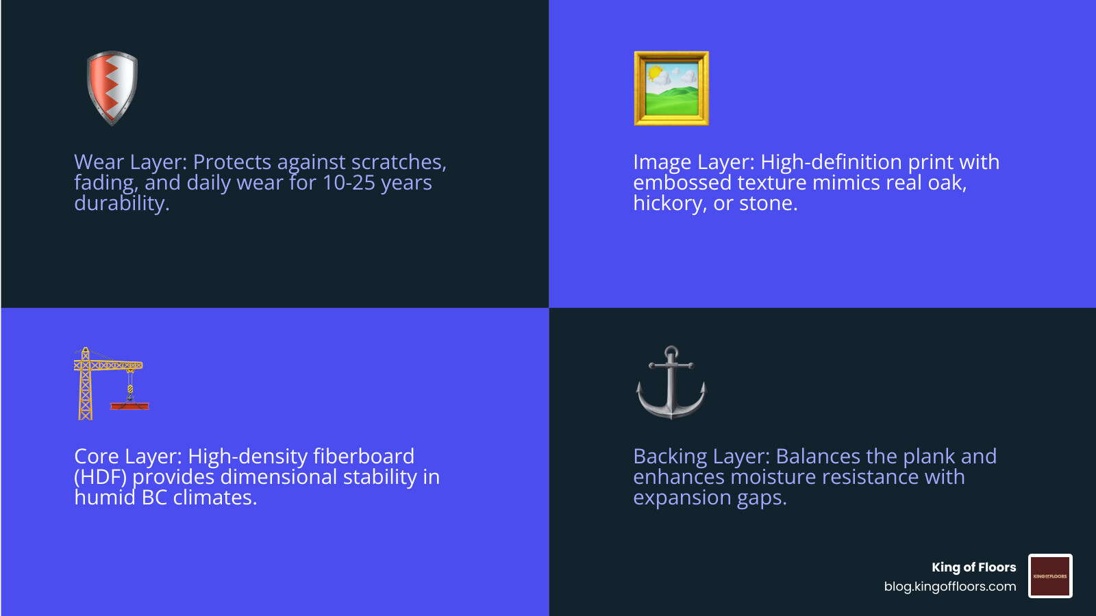 Infographic explaining the four layers of high-quality laminate: wear layer, image layer, core, and backing infographic
