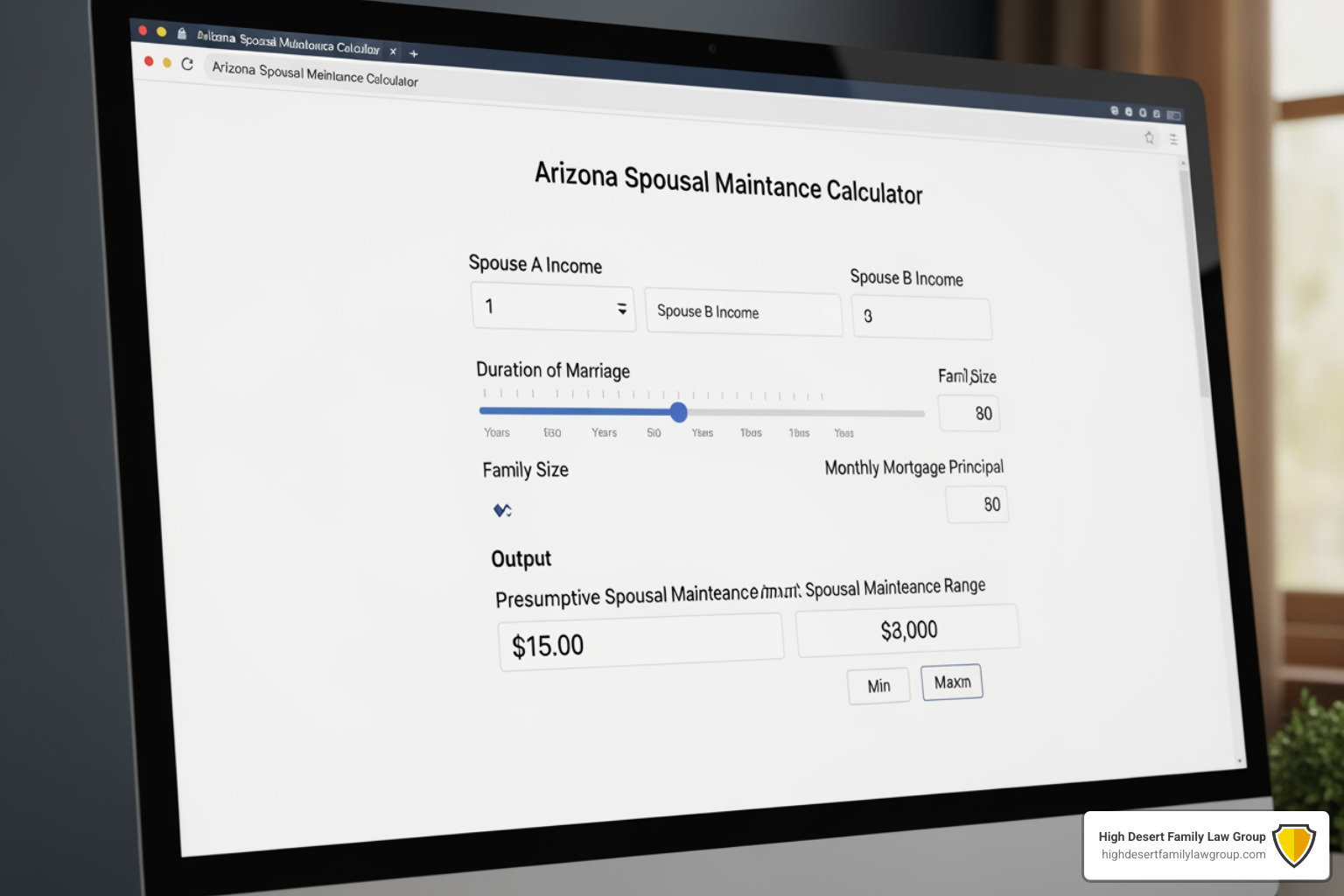 Arizona Spousal Maintenance Calculator interface showing income and duration inputs