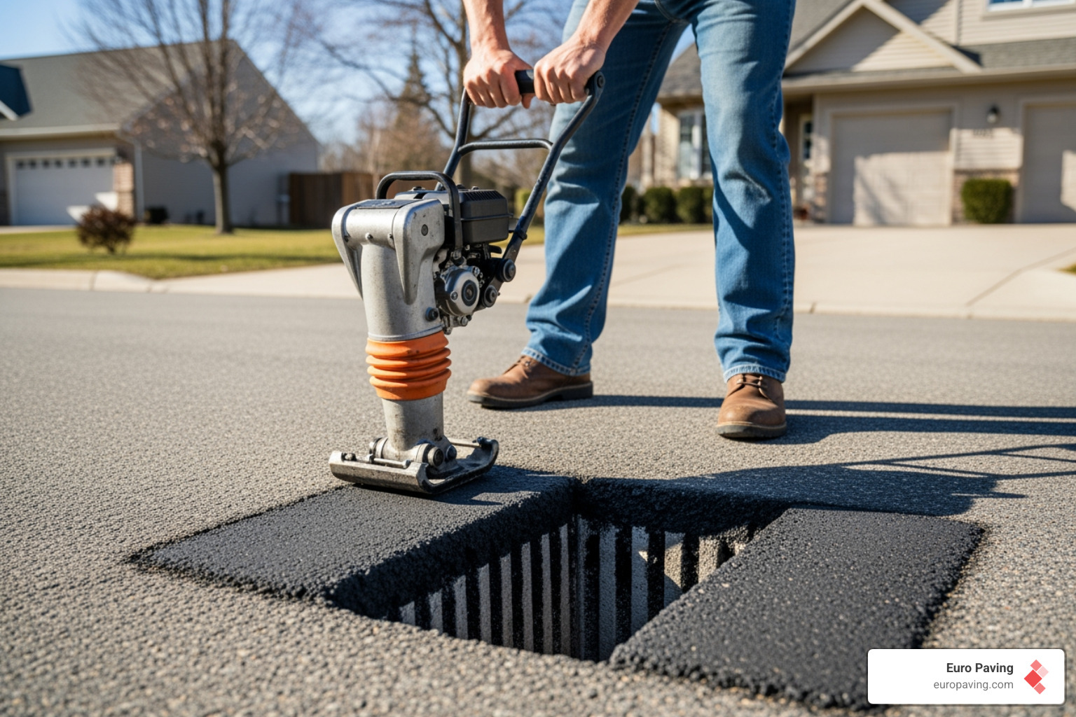 Compacting a pothole patch with a hand tamper
