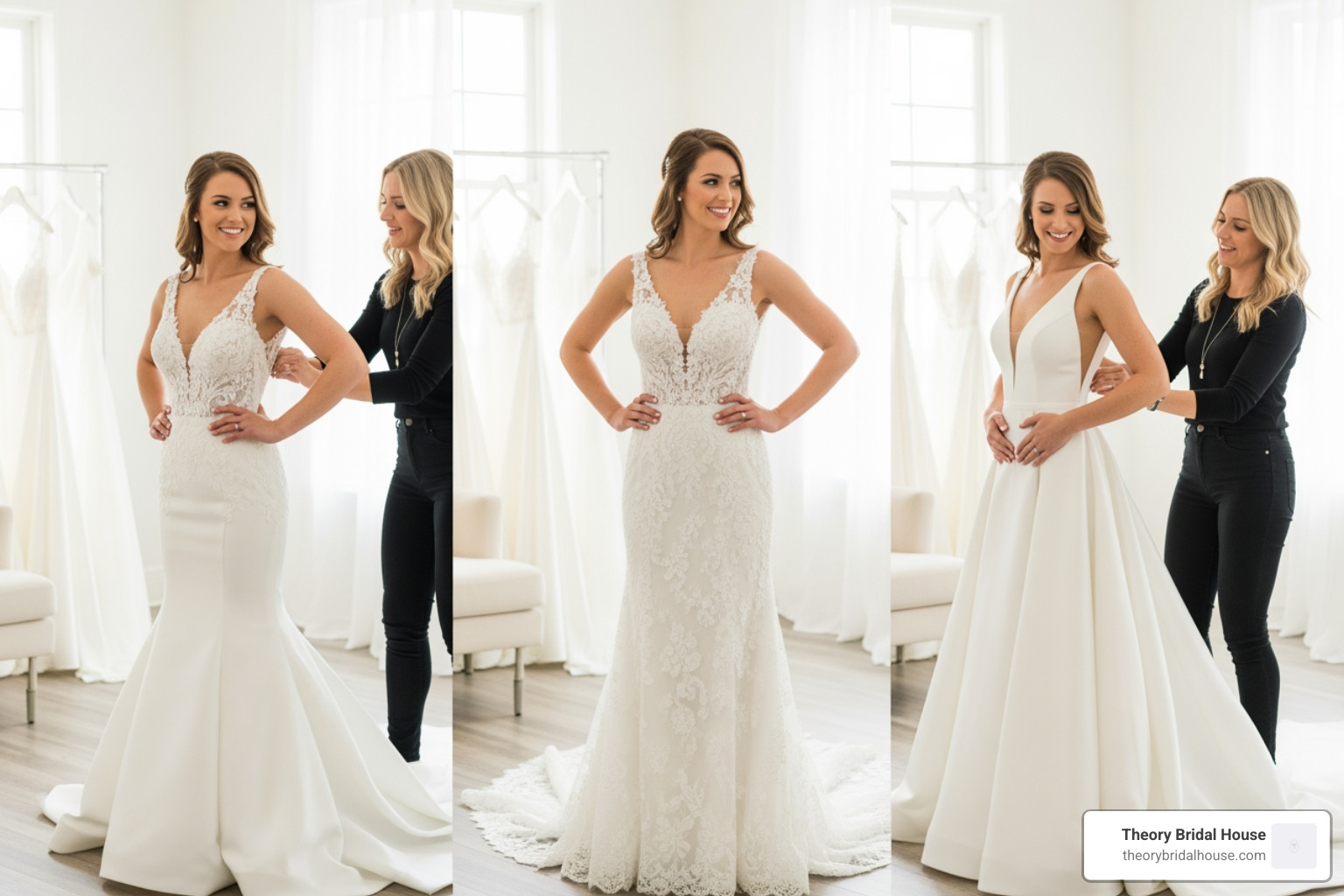bride trying on a variety of gown silhouettes including mermaid and A-line