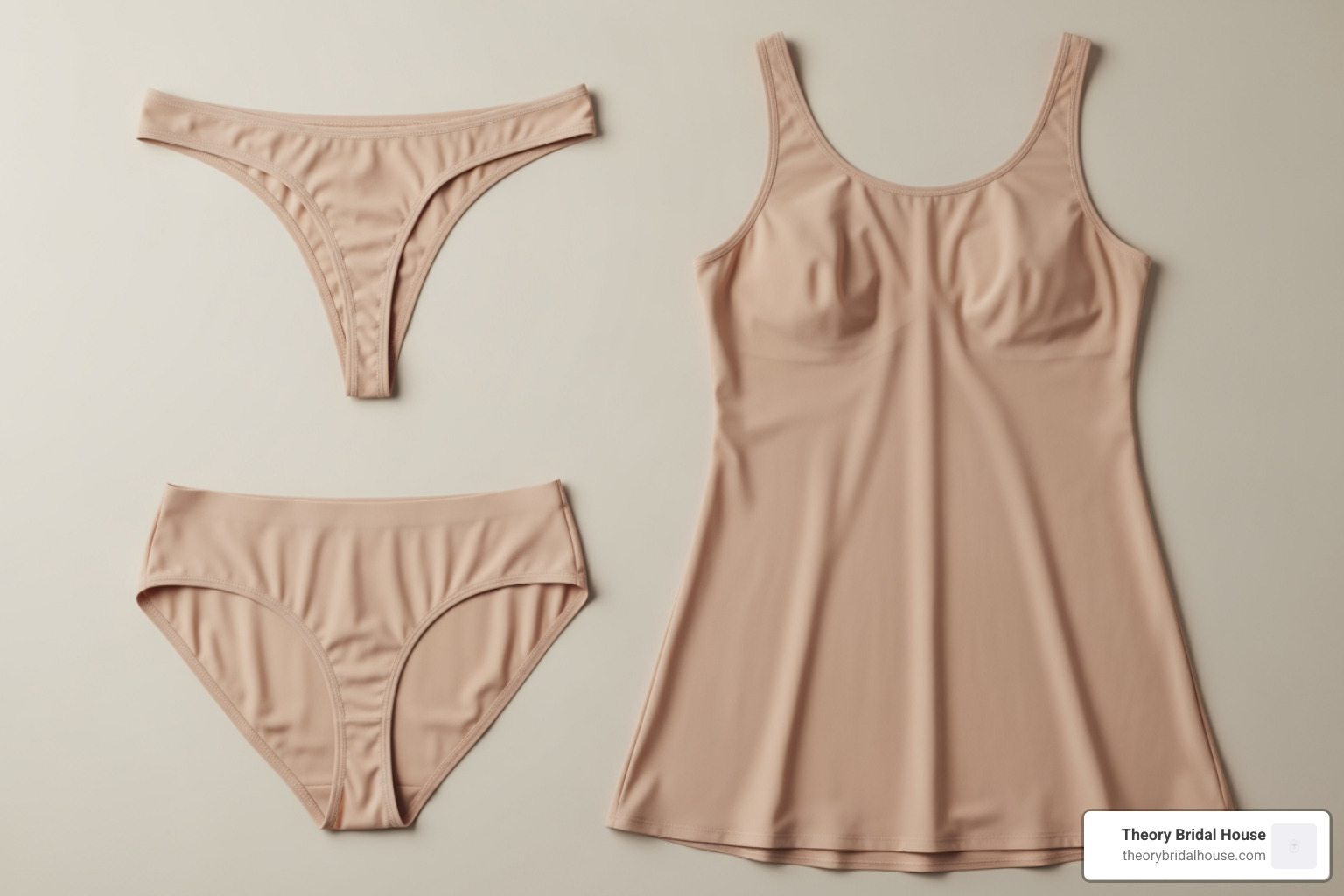 nude seamless bridal undergarments laid flat on a neutral background
