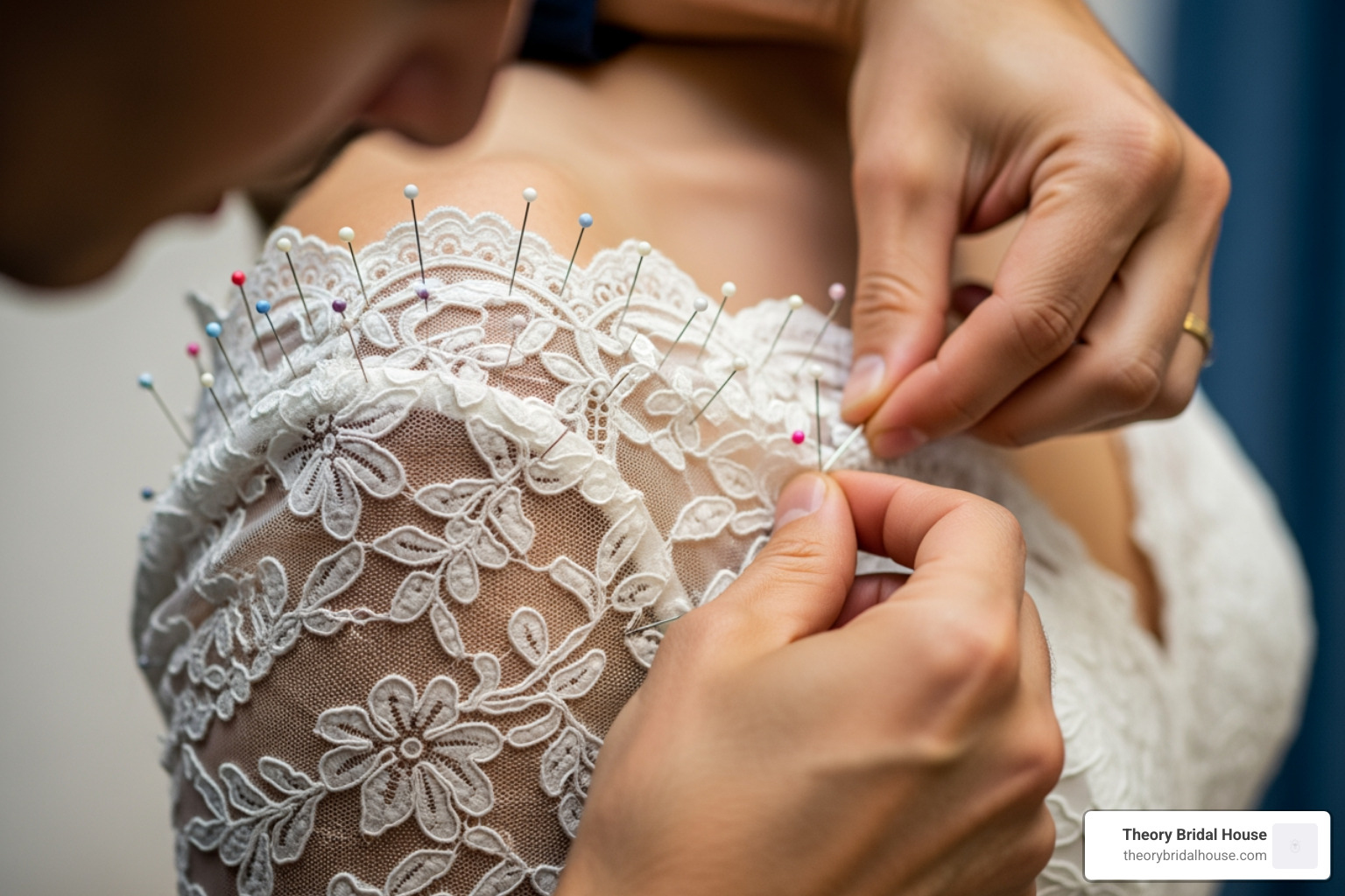 Close-up of a tailor pinning a lace wedding dress bodice during a first fitting