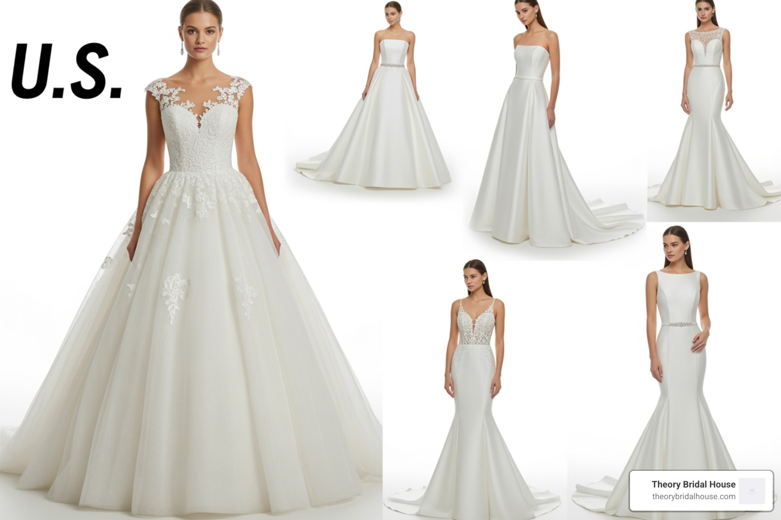 A collage of wedding dress silhouettes including ball gown, A-line, and mermaid