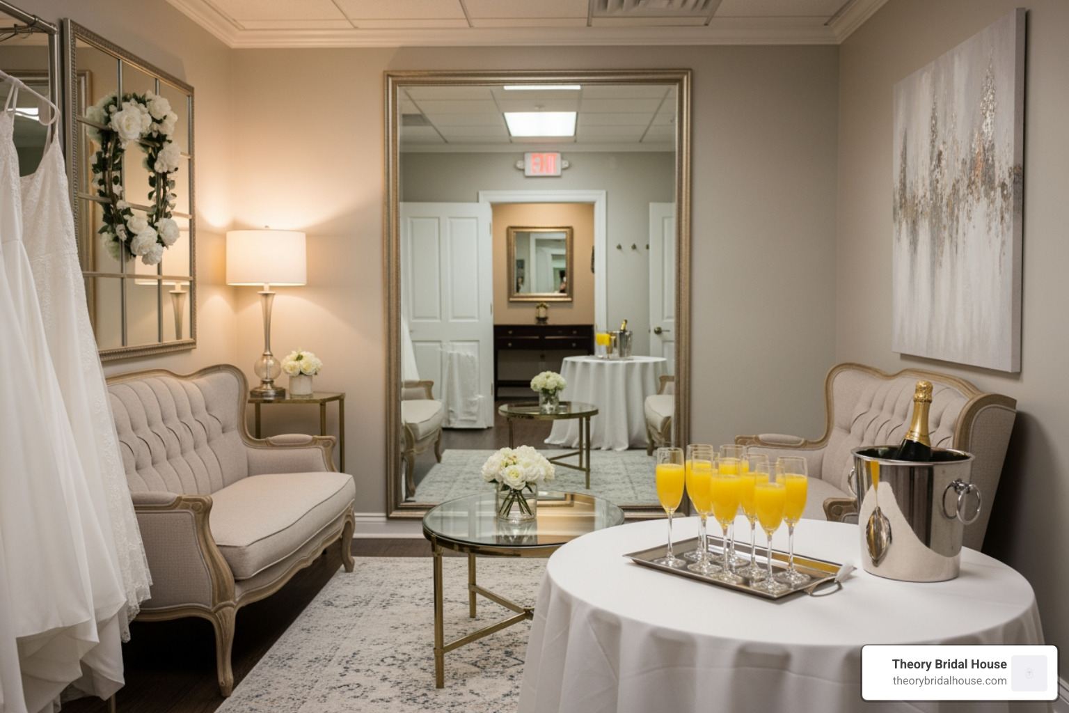 A private bridal suite with mimosas and comfortable seating for guests