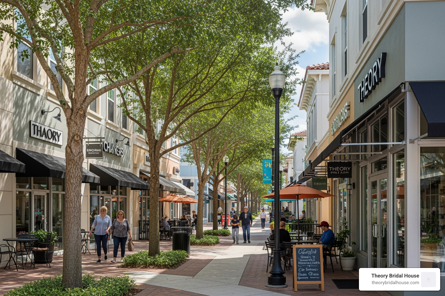 Downtown Avalon Park streetscape near Theory Bridal House