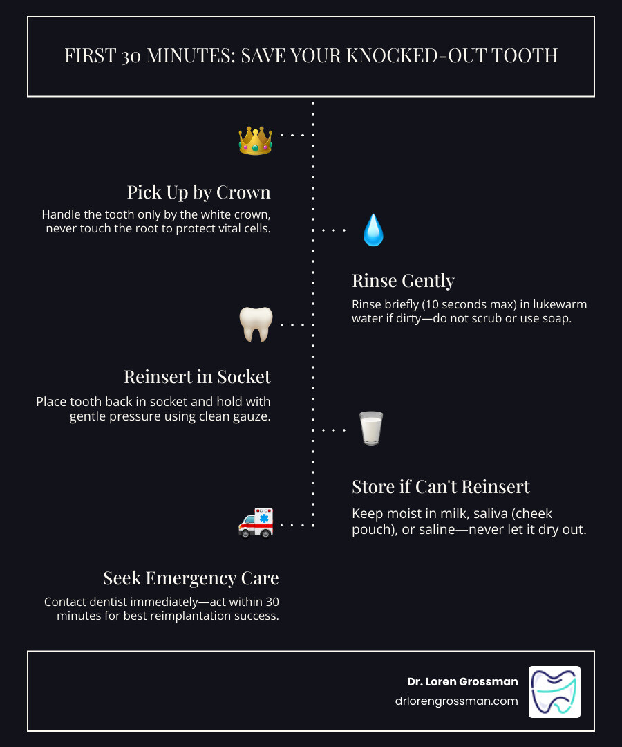 Infographic showing the first 30 minutes after a tooth is knocked out and key steps to take infographic Infographic showing the first 30 minutes after a tooth is knocked out and key steps to take infographic