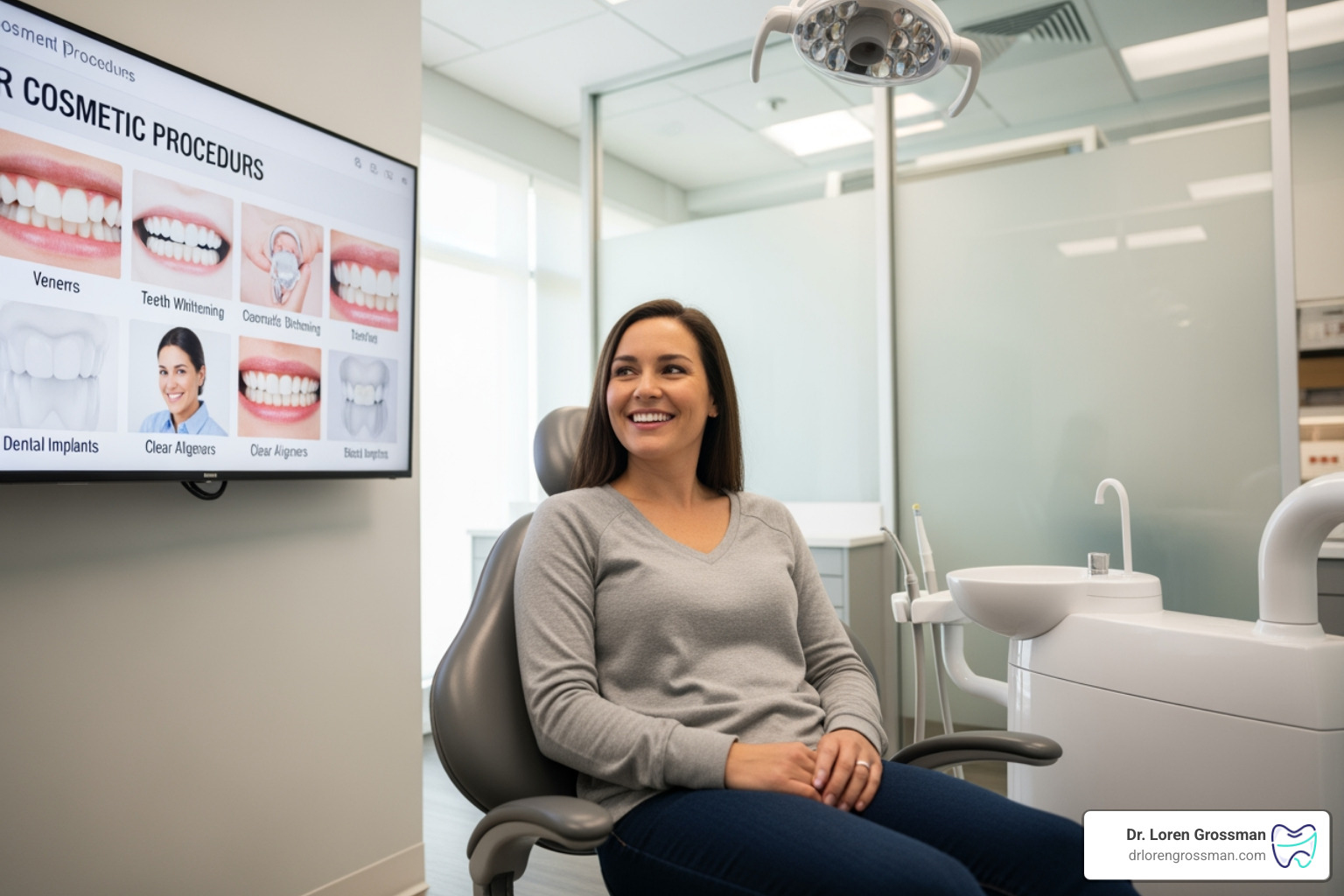 A patient looking at various cosmetic dental procedure options on a digital screen