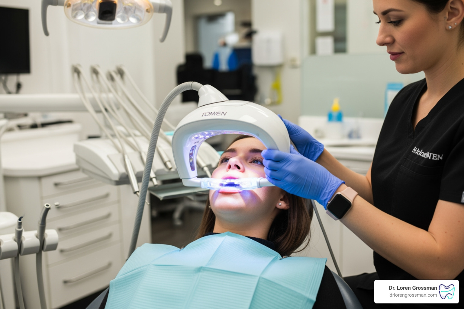 A patient undergoing a professional in-office teeth whitening treatment with an LED lamp