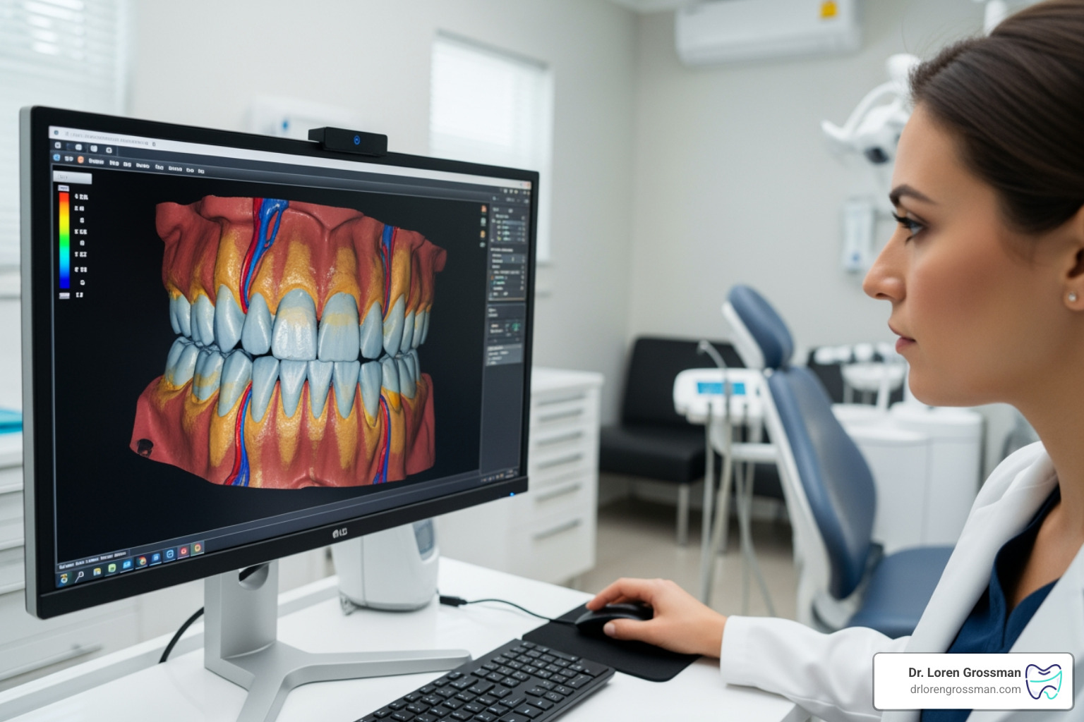 A digital 3D scan of a patient's teeth being analyzed on a computer monitor