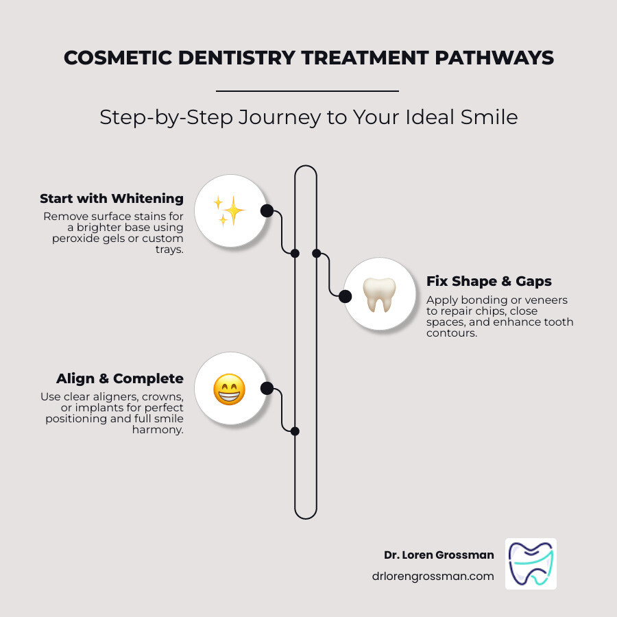 Cosmetic dentistry treatment pathways infographic: whitening to veneers to bonding to aligners to implants infographic