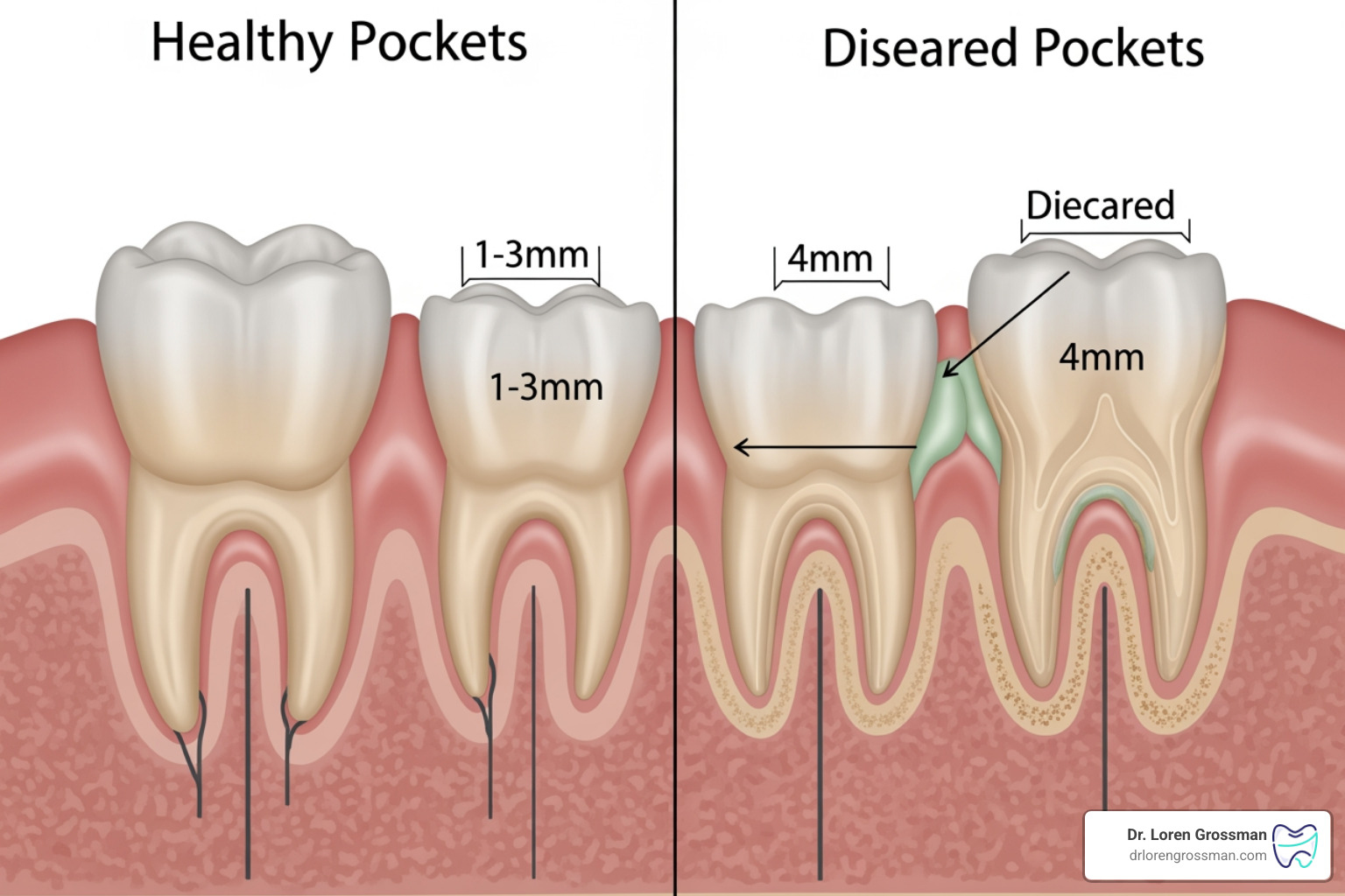 Periodontal pocket chart showing healthy 1-3mm pockets vs diseased 4mm+ pockets