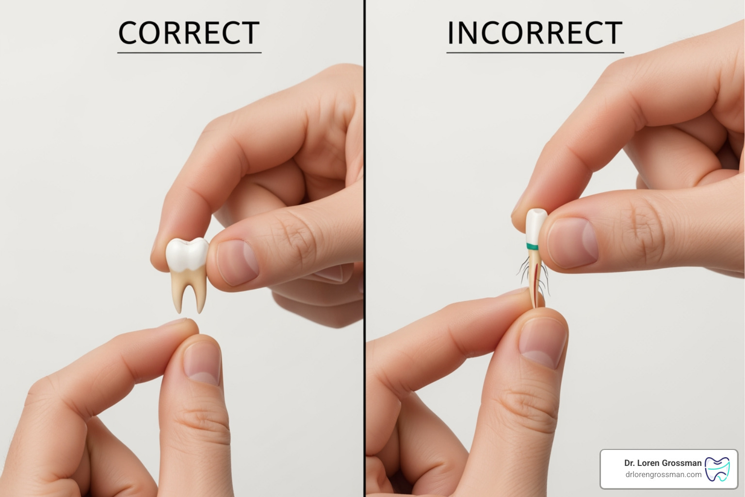 Correct handling of a knocked out tooth by the crown versus the root Correct handling of a knocked out tooth by the crown versus the root