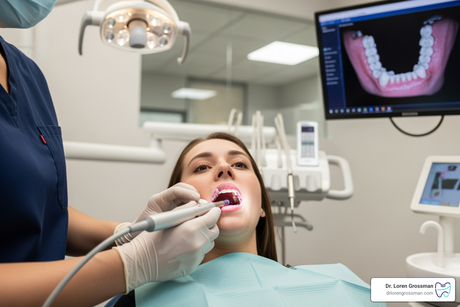 Patient receiving a digital dental impression scan instead of traditional putty