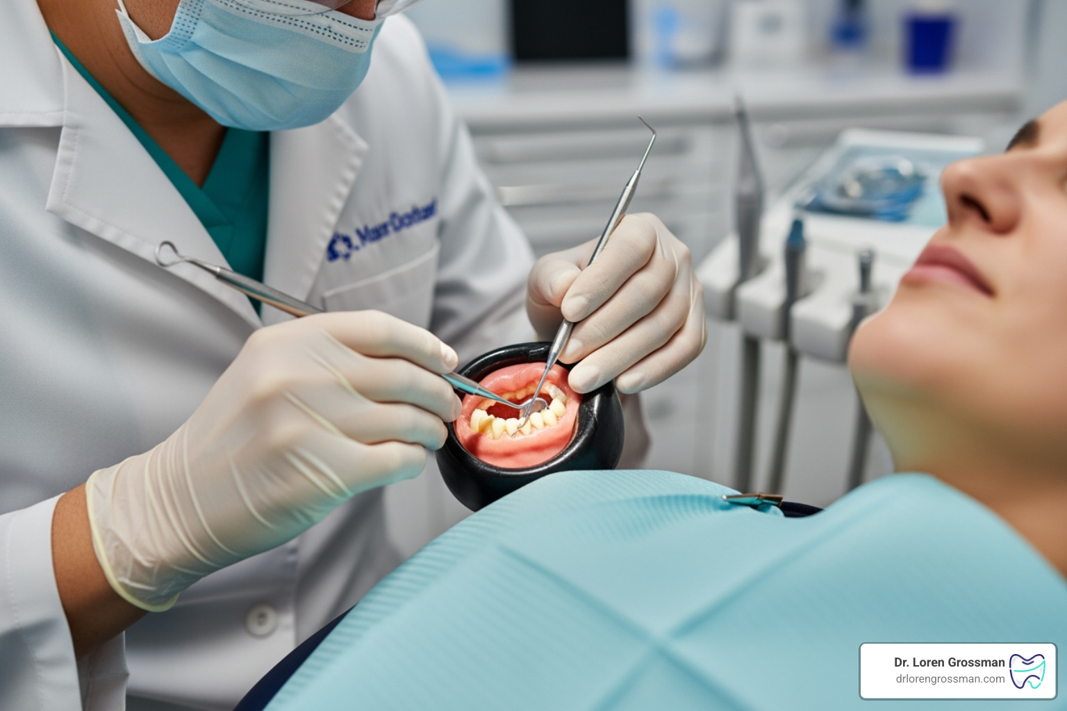 A dentist performing scaling and root planing on a patient