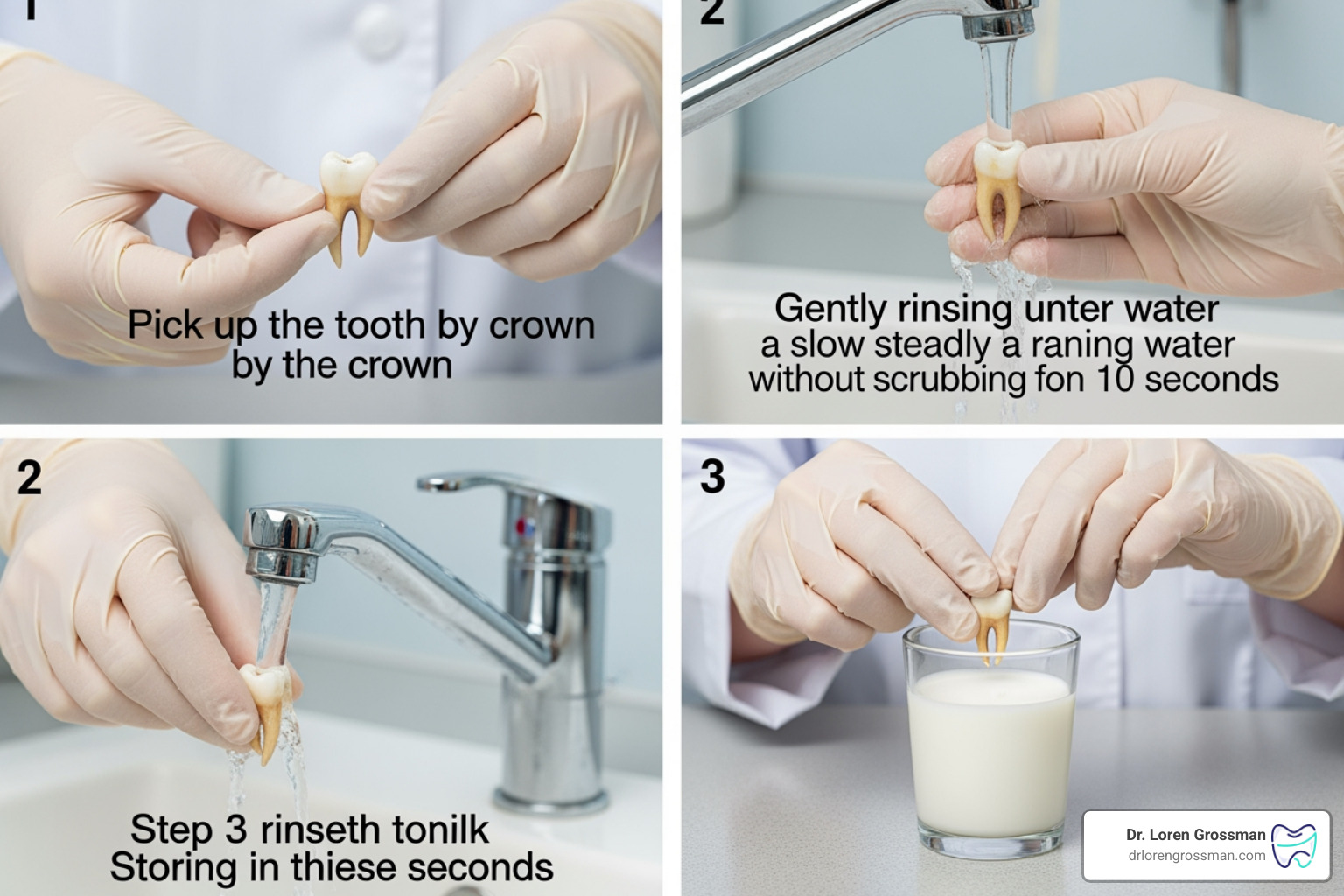 Emergency tooth steps including picking up, rinsing, and storing Emergency tooth steps including picking up, rinsing, and storing