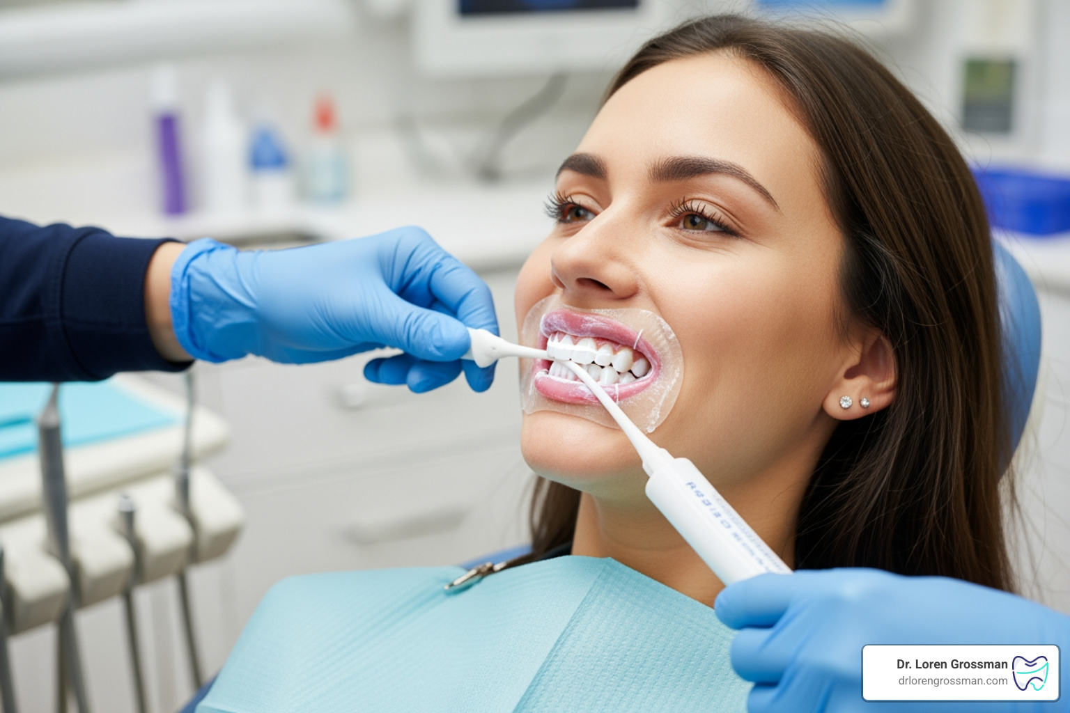 Patient undergoing professional teeth whitening treatment in a dental chair
