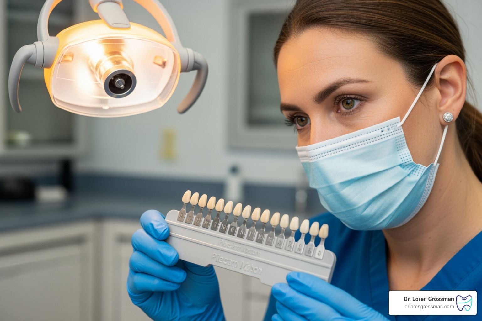 A dentist performing a shade match for porcelain veneers