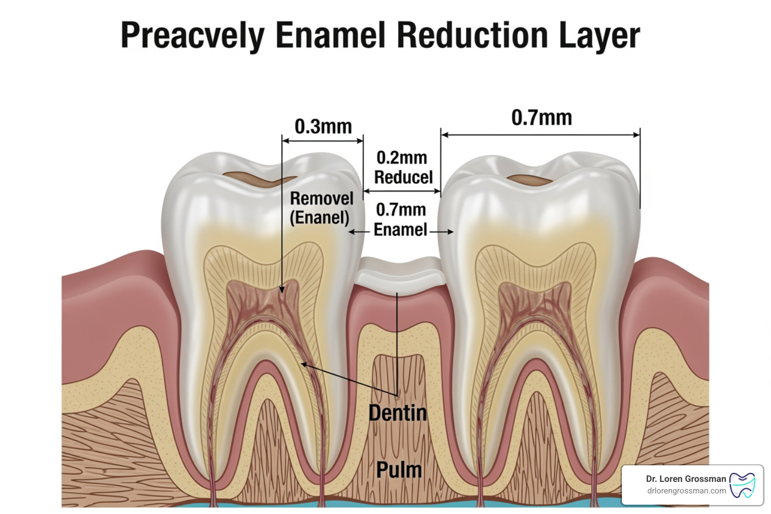 Graphic showing the 0.3mm to 0.7mm enamel reduction on a natural tooth Graphic showing the 0.3mm to 0.7mm enamel reduction on a natural tooth