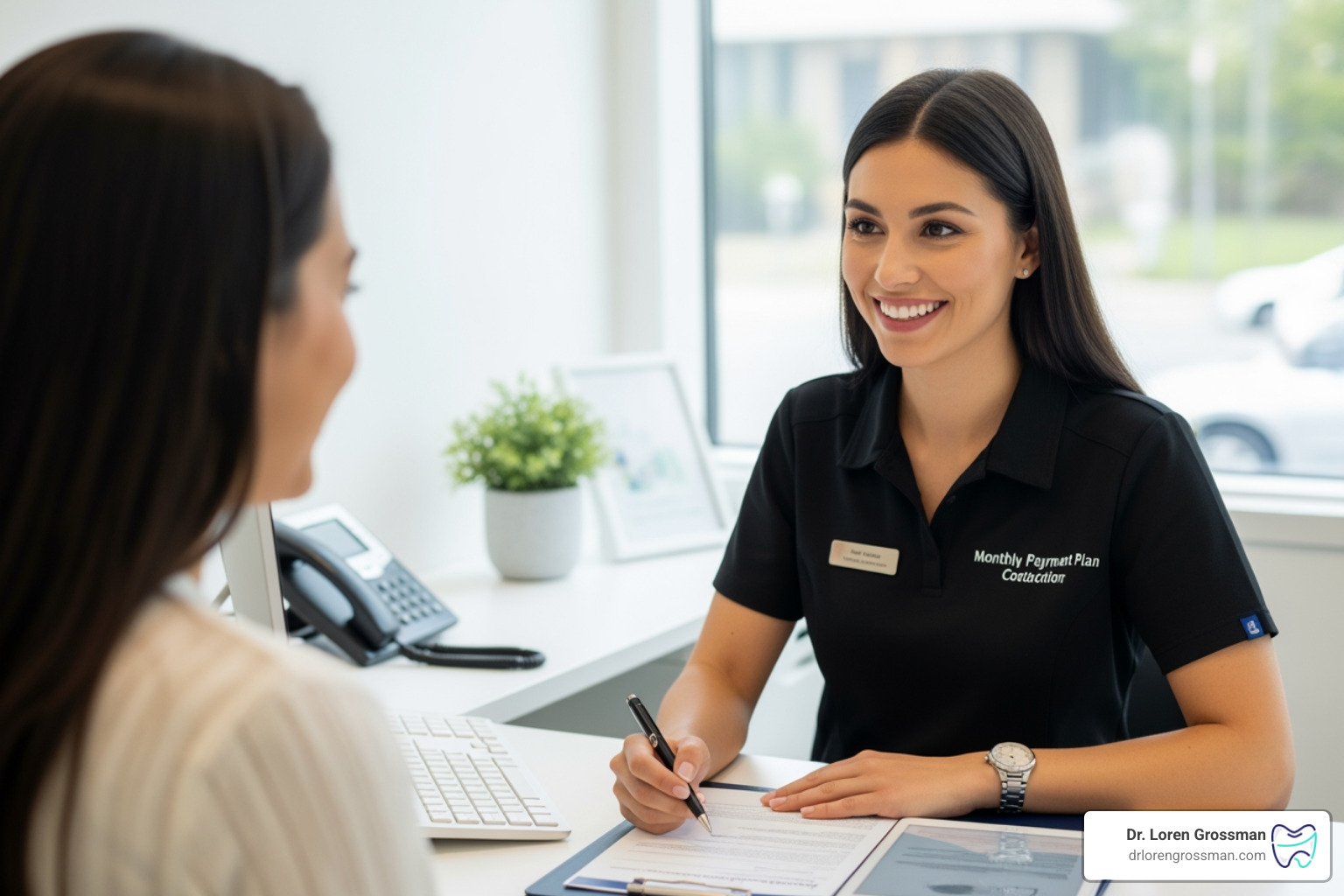 A friendly dental coordinator sitting with a patient to discuss different monthly payment plan options A friendly dental coordinator sitting with a patient to discuss different monthly payment plan options