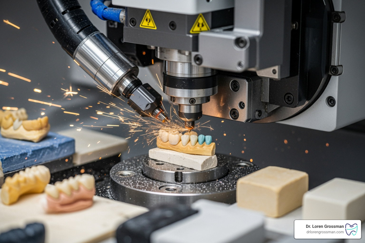 Close-up of a high-tech CAD/CAM dental milling machine creating a custom porcelain veneer Close-up of a high-tech CAD/CAM dental milling machine creating a custom porcelain veneer