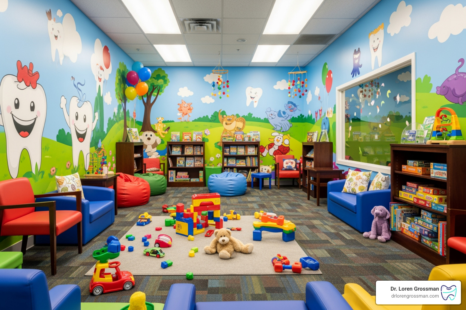 A colorful, kid-friendly dental waiting room with toys and bright murals A colorful, kid-friendly dental waiting room with toys and bright murals