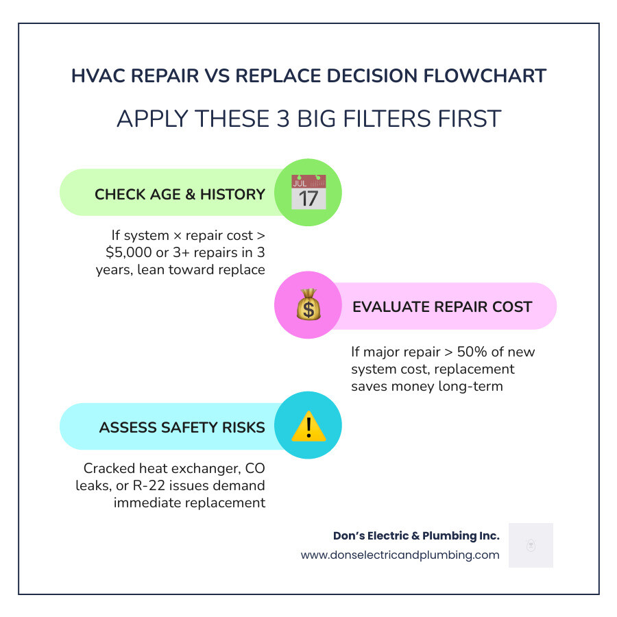 Repair vs replace HVAC decision flowchart showing age, cost rules, and safety triggers infographic Repair vs replace HVAC decision flowchart showing age, cost rules, and safety triggers infographic