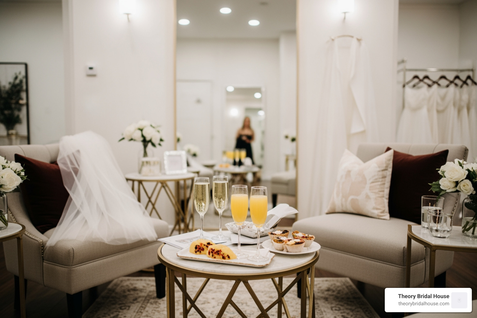 A cozy bridal appointment setup with mimosas and a private viewing area