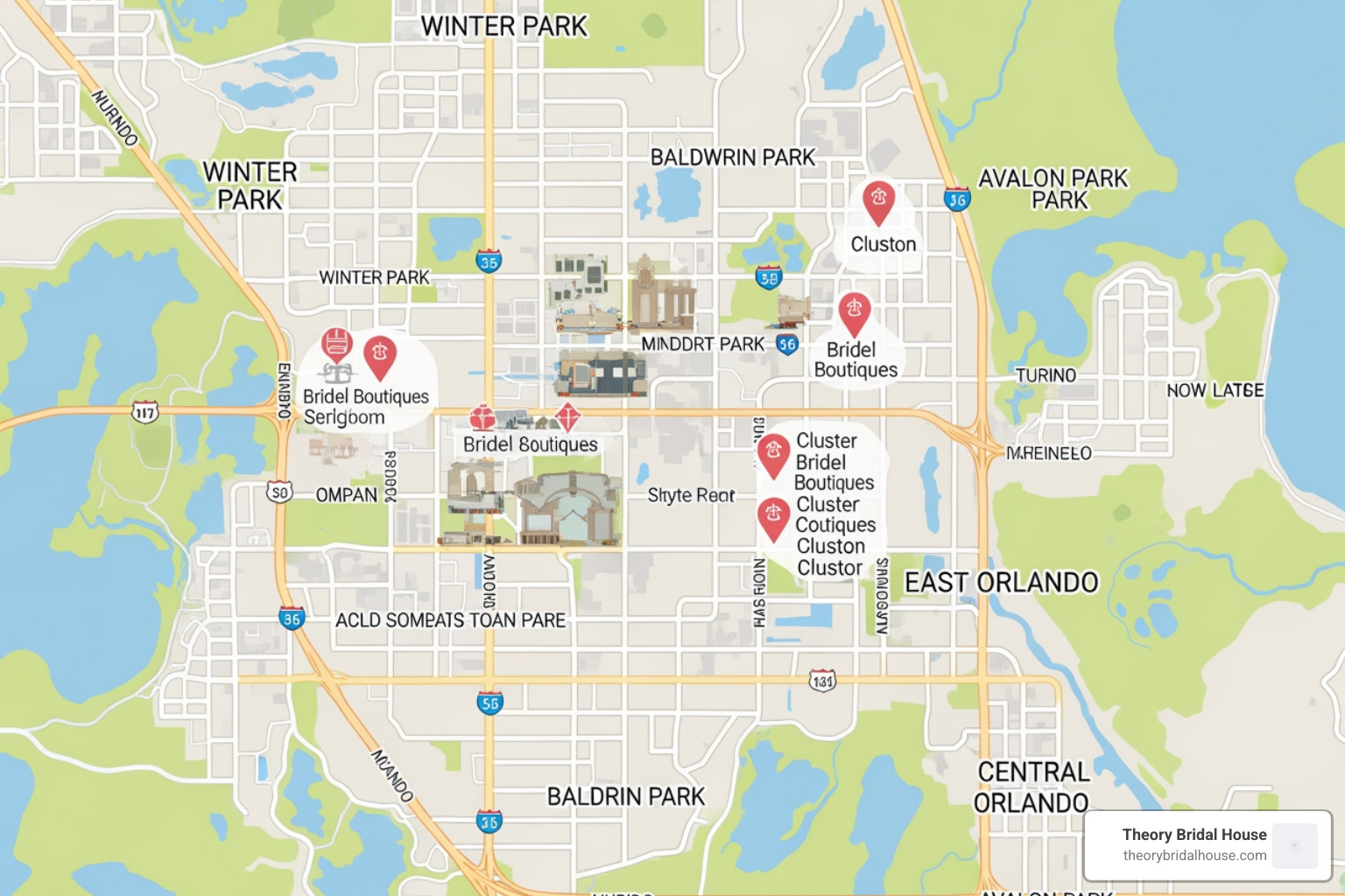 Map of Orlando neighborhoods highlighting top bridal boutique clusters
