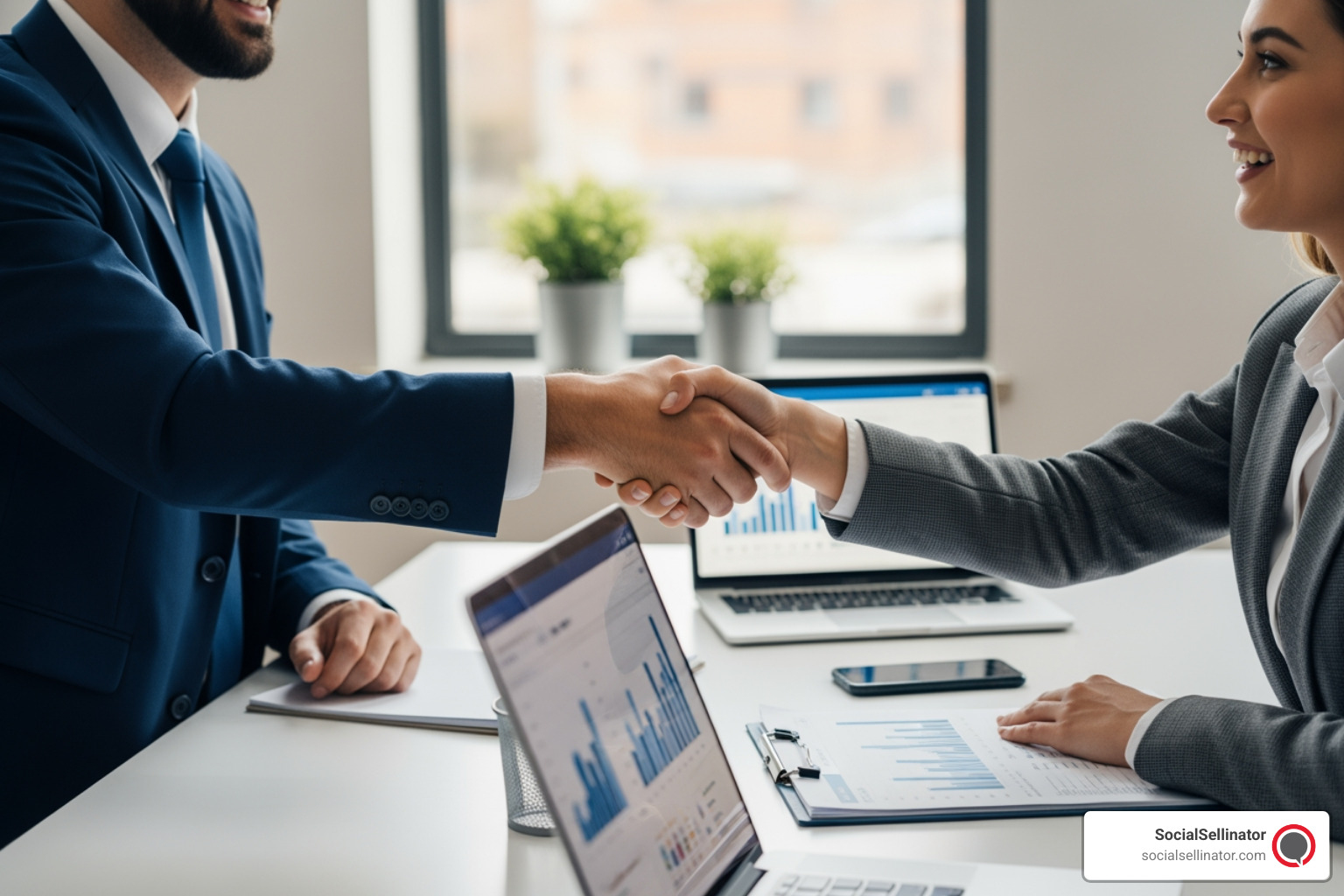 Business owner shaking hands with a digital marketing consultant after a successful campaign strategy session