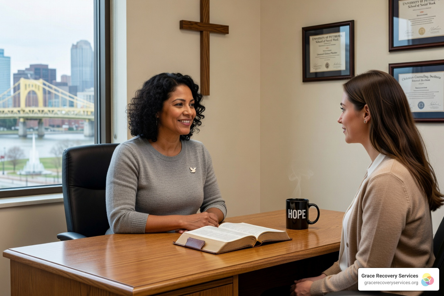 a counselor and client talking in a professional, compassionate office setting - faith integrated recovery Pittsburgh a counselor and client talking in a professional, compassionate office setting - faith integrated recovery Pittsburgh