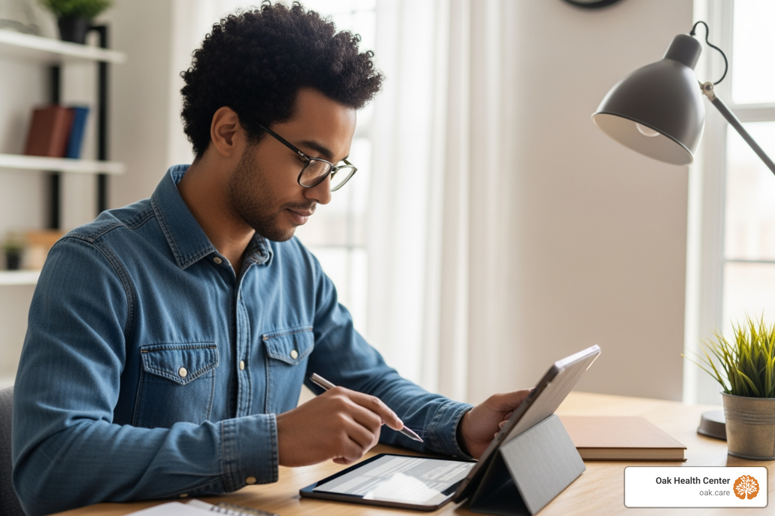 A person filling out an online intake form on a tablet A person filling out an online intake form on a tablet