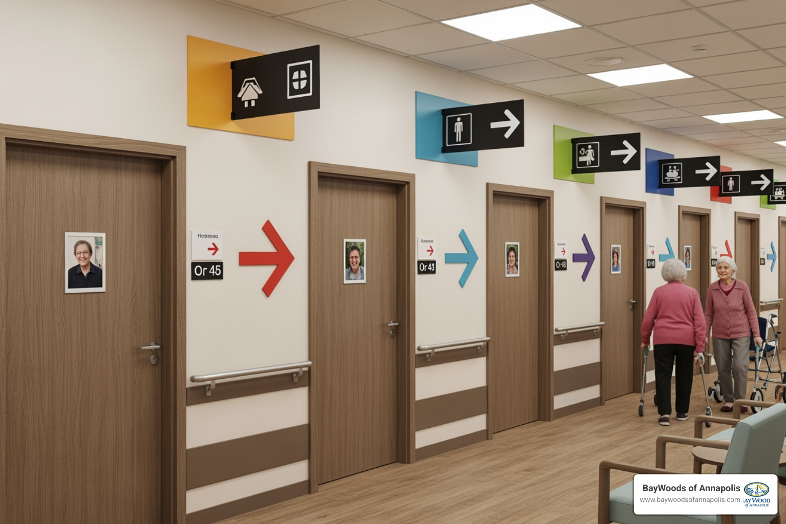 A prepared environment featuring high-contrast signage and clear wayfinding cues A prepared environment featuring high-contrast signage and clear wayfinding cues