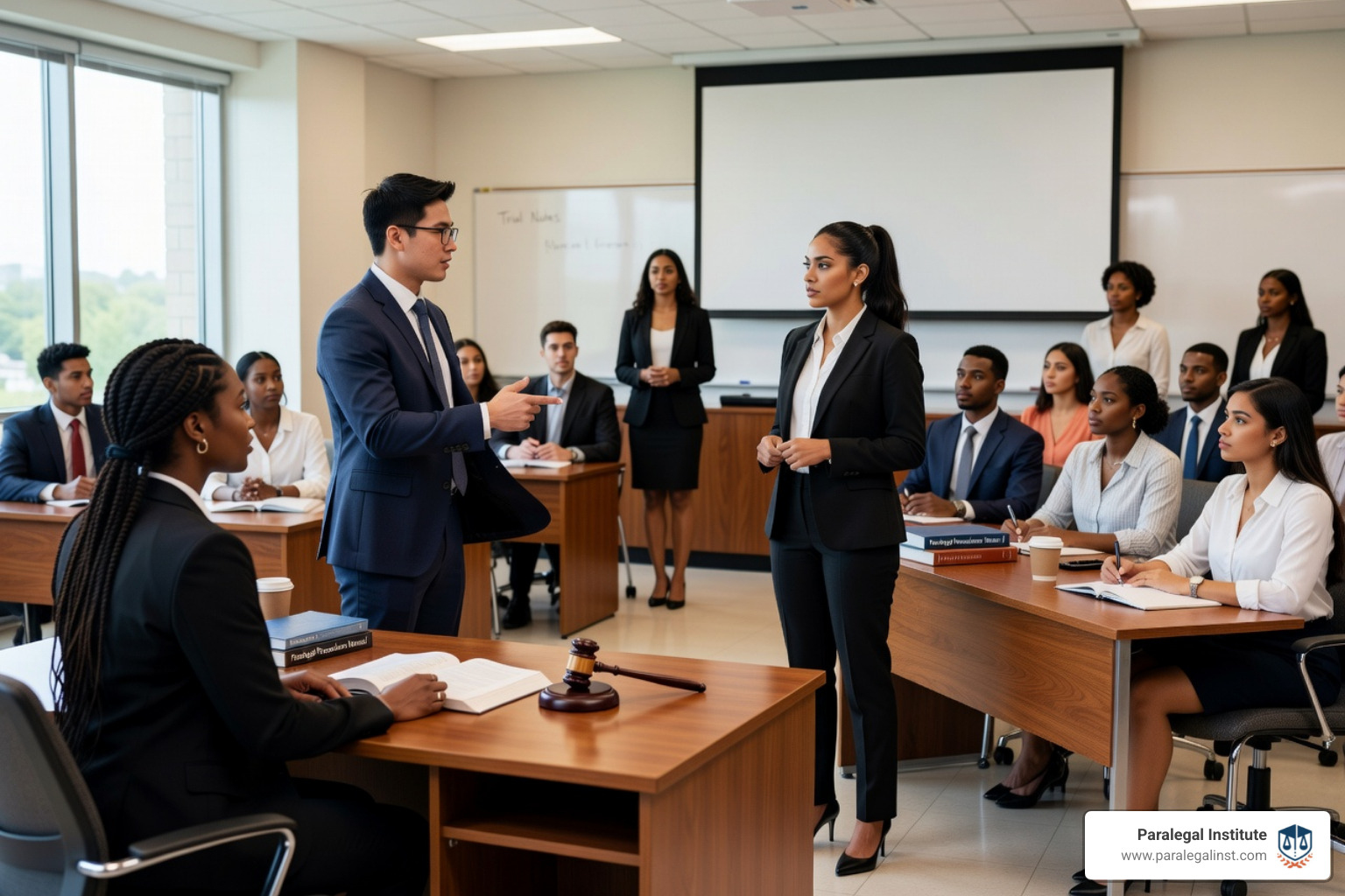 Students participating in a mock trial exercise to build courtroom confidence - paralegal skills training program Students participating in a mock trial exercise to build courtroom confidence - paralegal skills training program
