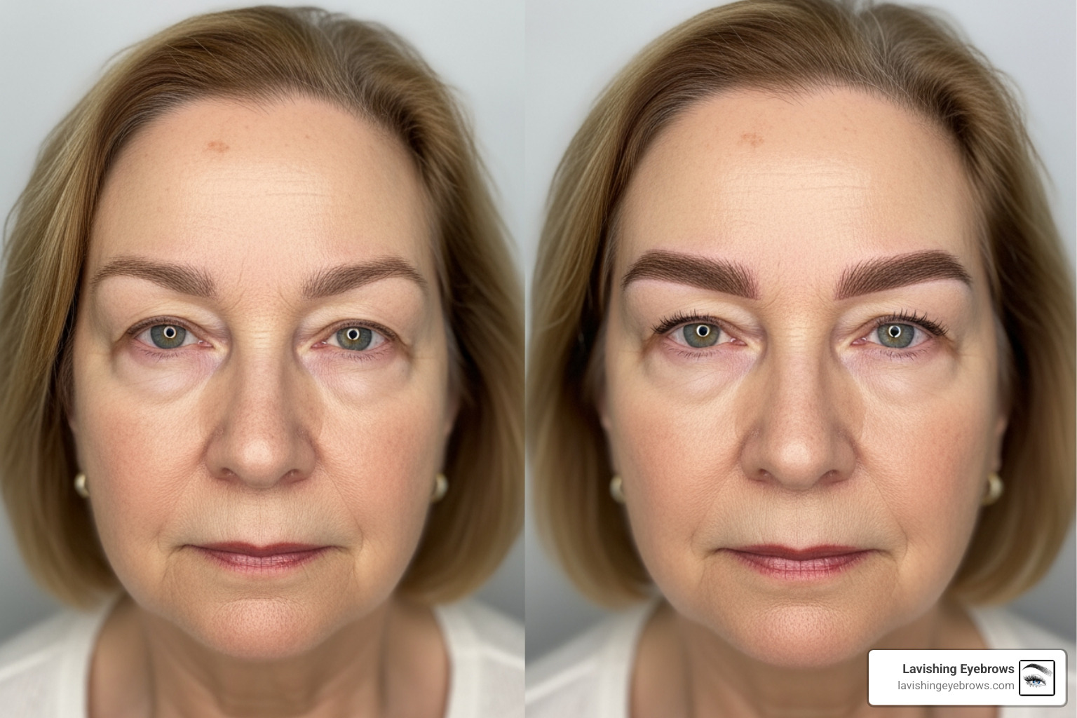 Before and after comparison of a 70-year-old client with sparse eyebrows restored to full arches Before and after comparison of a 70-year-old client with sparse eyebrows restored to full arches