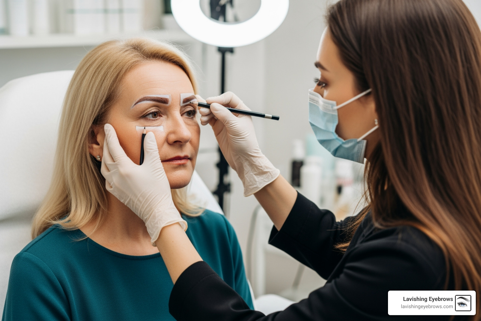 A professional consultation focusing on mature skin texture and brow mapping A professional consultation focusing on mature skin texture and brow mapping