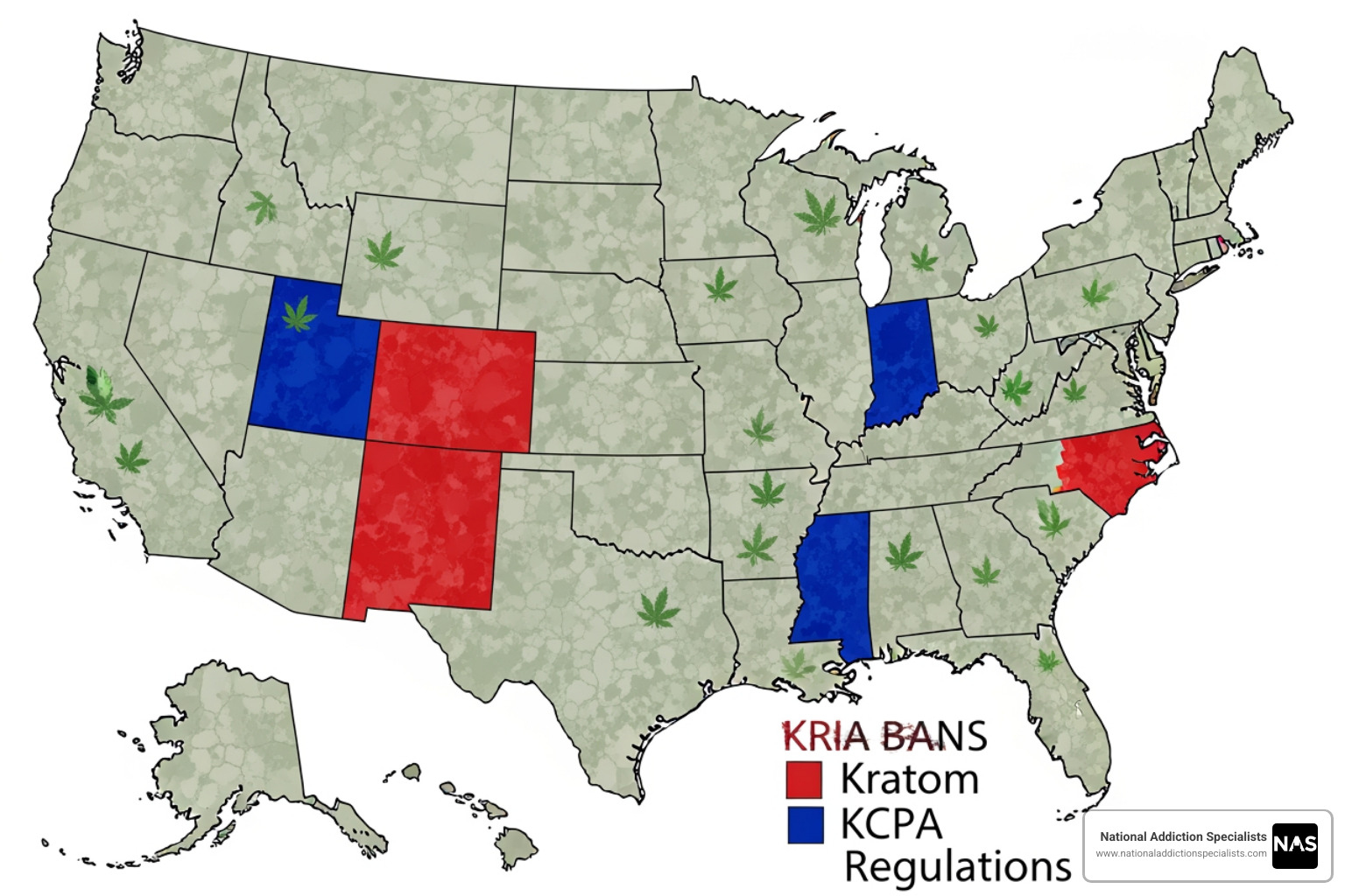 U.S. map: States with kratom bans (red) vs. KCPA regulation states (blue) U.S. map: States with kratom bans (red) vs. KCPA regulation states (blue)