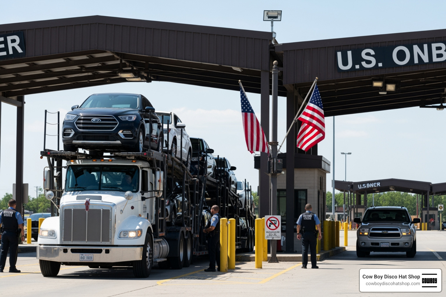 A vehicle transport truck at the U.S. border crossing A vehicle transport truck at the U.S. border crossing