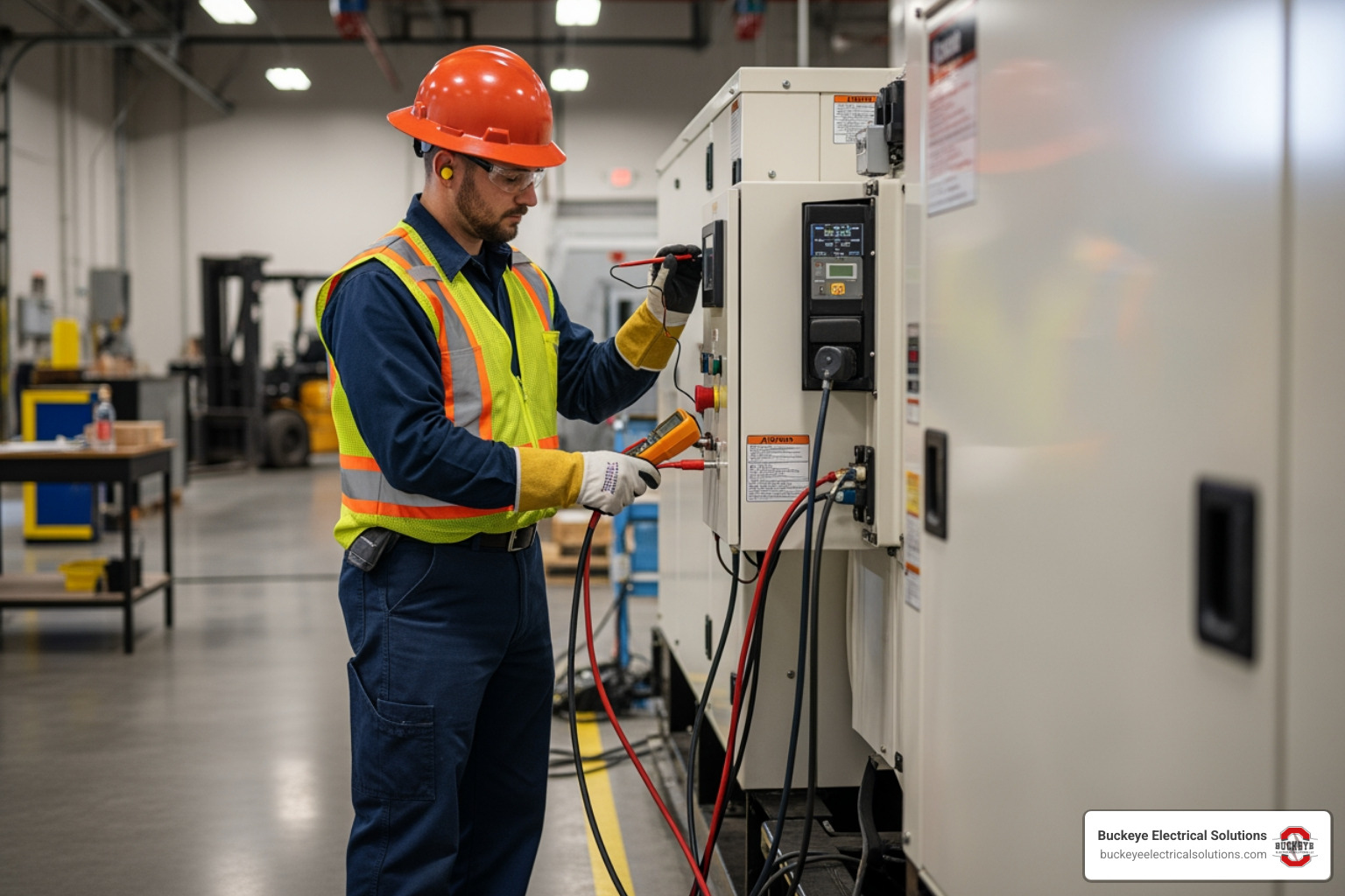Technician performing load bank test on commercial generator in Ohio facility