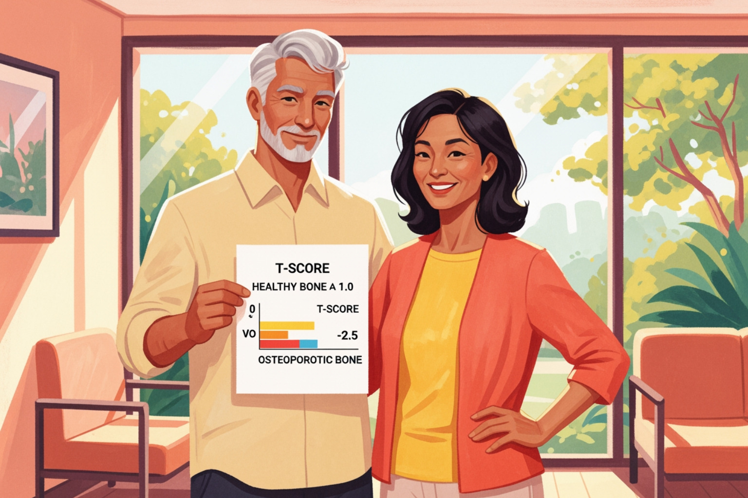 T-score chart comparing healthy bone to osteoporotic bone