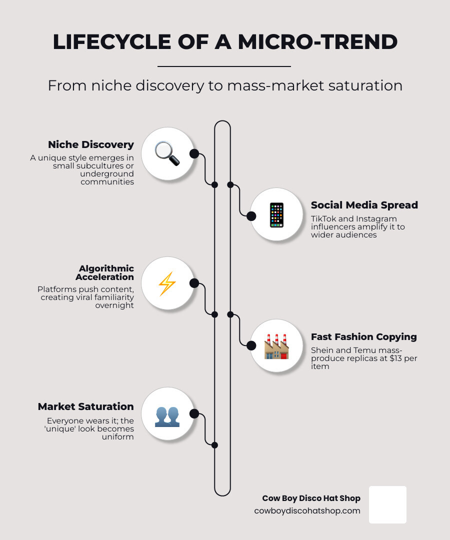 Infographic showing lifecycle of a micro-trend from niche subculture discovery to mass-market saturation infographic