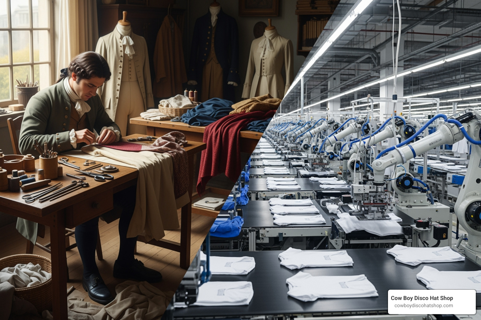 18th-century tailor shop contrasted with a modern automated garment factory